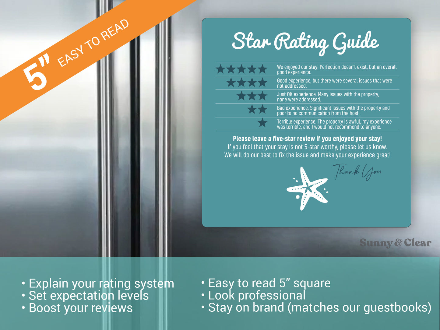 AirBNB Rating Refrigerator Magnet Sign, 5x5" Starfish, Star Rating Review Guide, Short Term Rental
