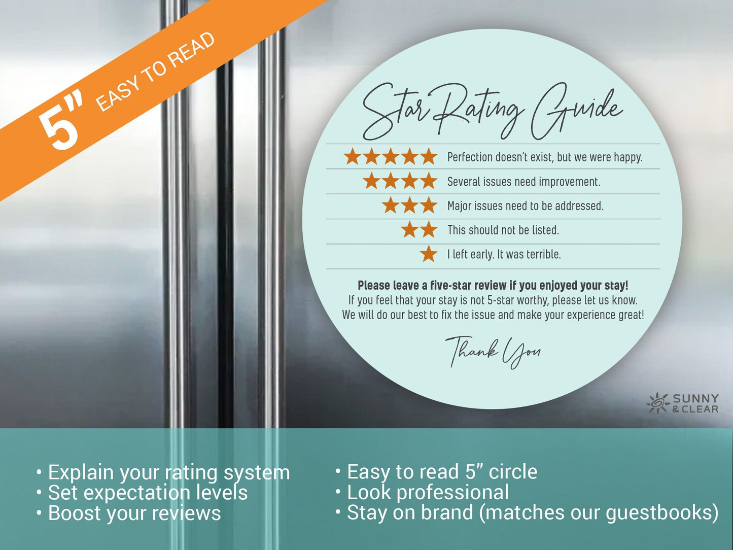 AirBNB Rating Refrigerator Magnet Sign, Aqua 5" Circle Star Rating Review Guide, Short Term Rental