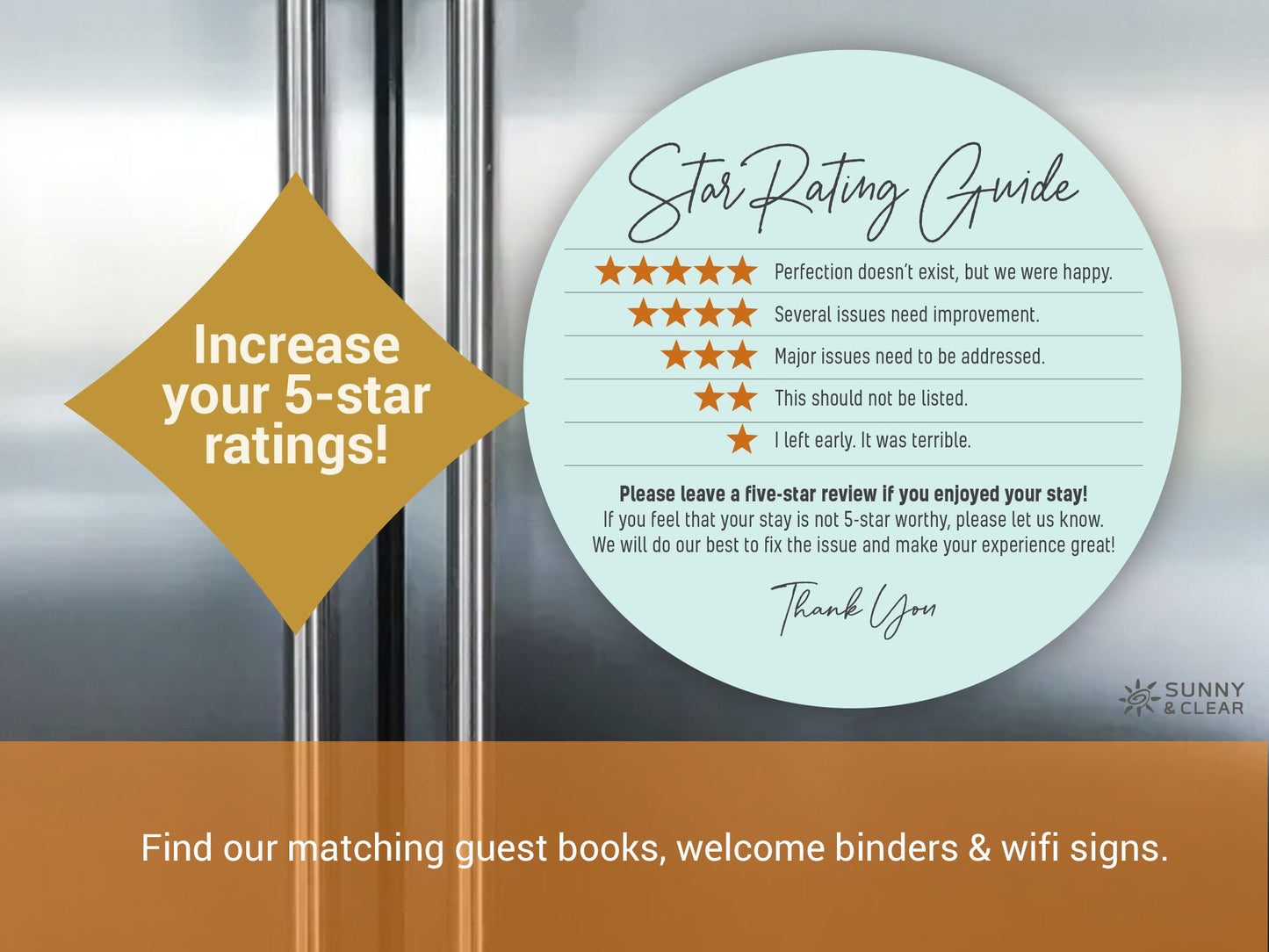 AirBNB Rating Refrigerator Magnet Sign, Aqua 5" Circle Star Rating Review Guide, Short Term Rental