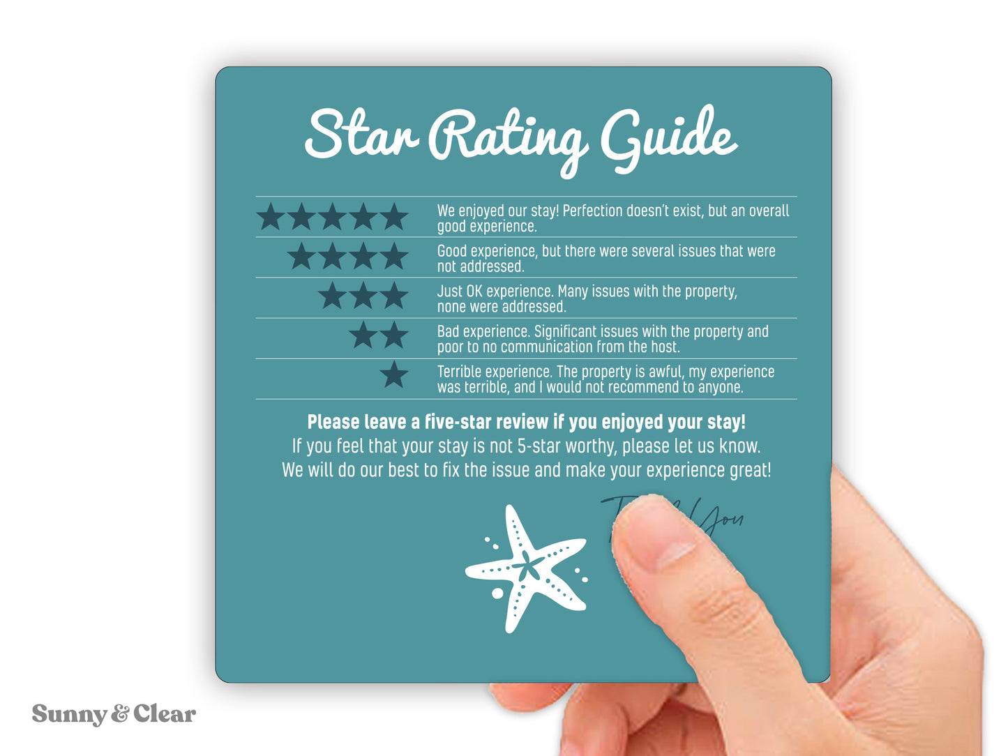 AirBNB Rating Refrigerator Magnet Sign, 5x5" Starfish, Star Rating Review Guide, Short Term Rental