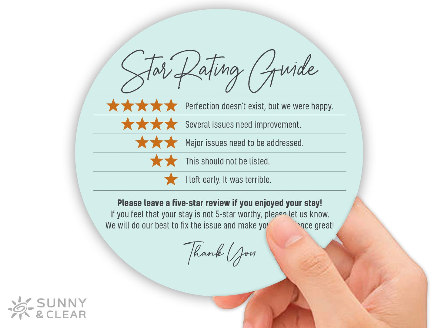 AirBNB Rating Refrigerator Magnet Sign, Aqua 5" Circle Star Rating Review Guide, Short Term Rental