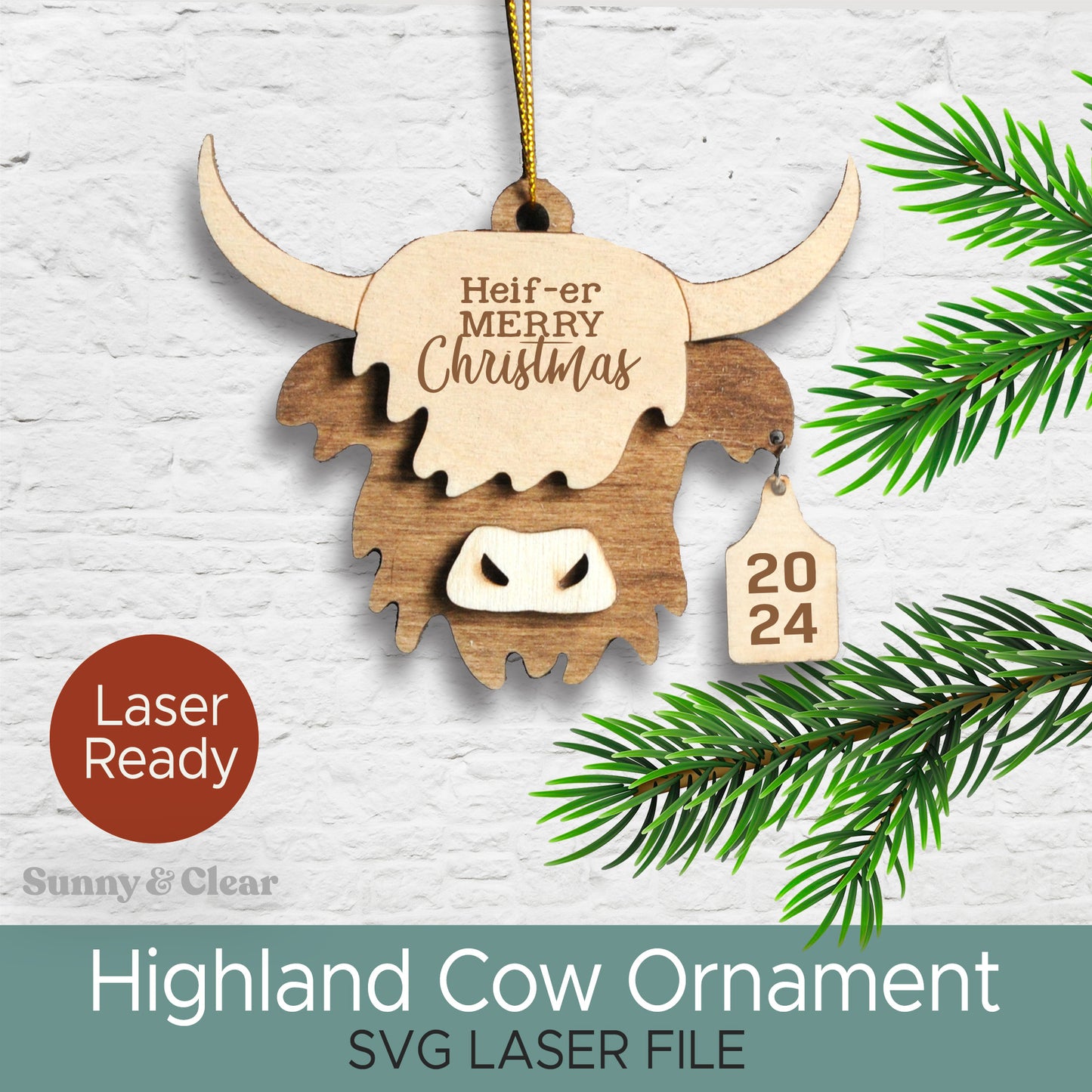 SVG Highland Cow Ornament, Laser File, Mooey Christmas, Baby Personalized