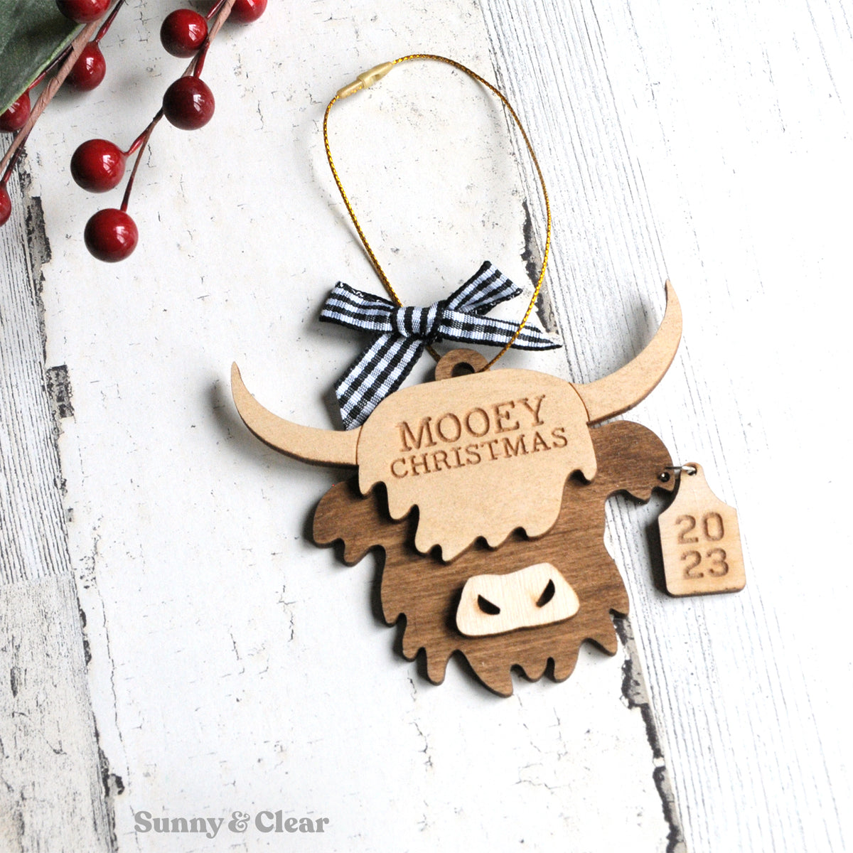 SVG Highland Cow Ornament, Laser File, Mooey Christmas, Baby Personalized