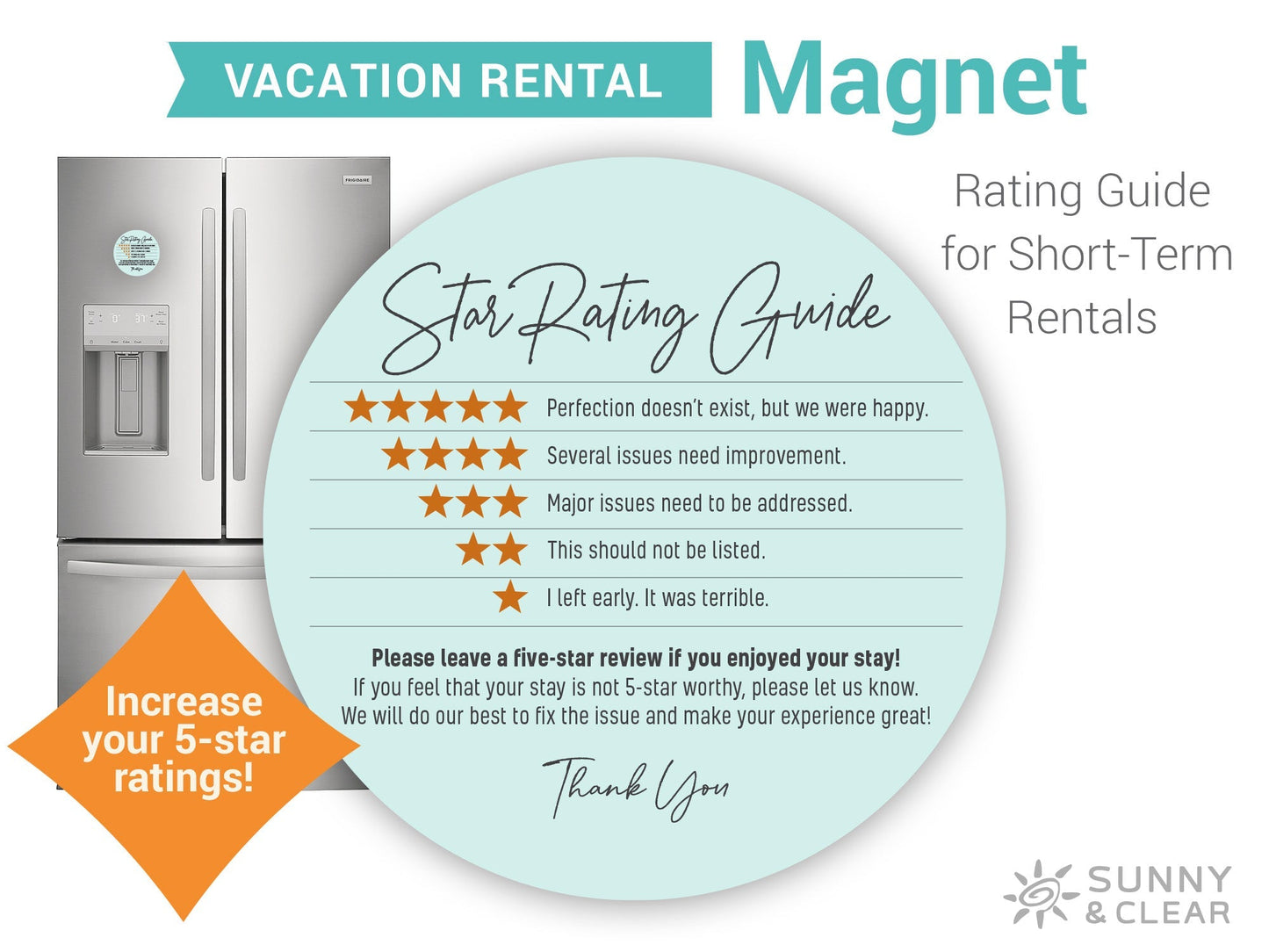 AirBNB Rating Refrigerator Magnet Sign, Aqua 5" Circle Star Rating Review Guide, Short Term Rental