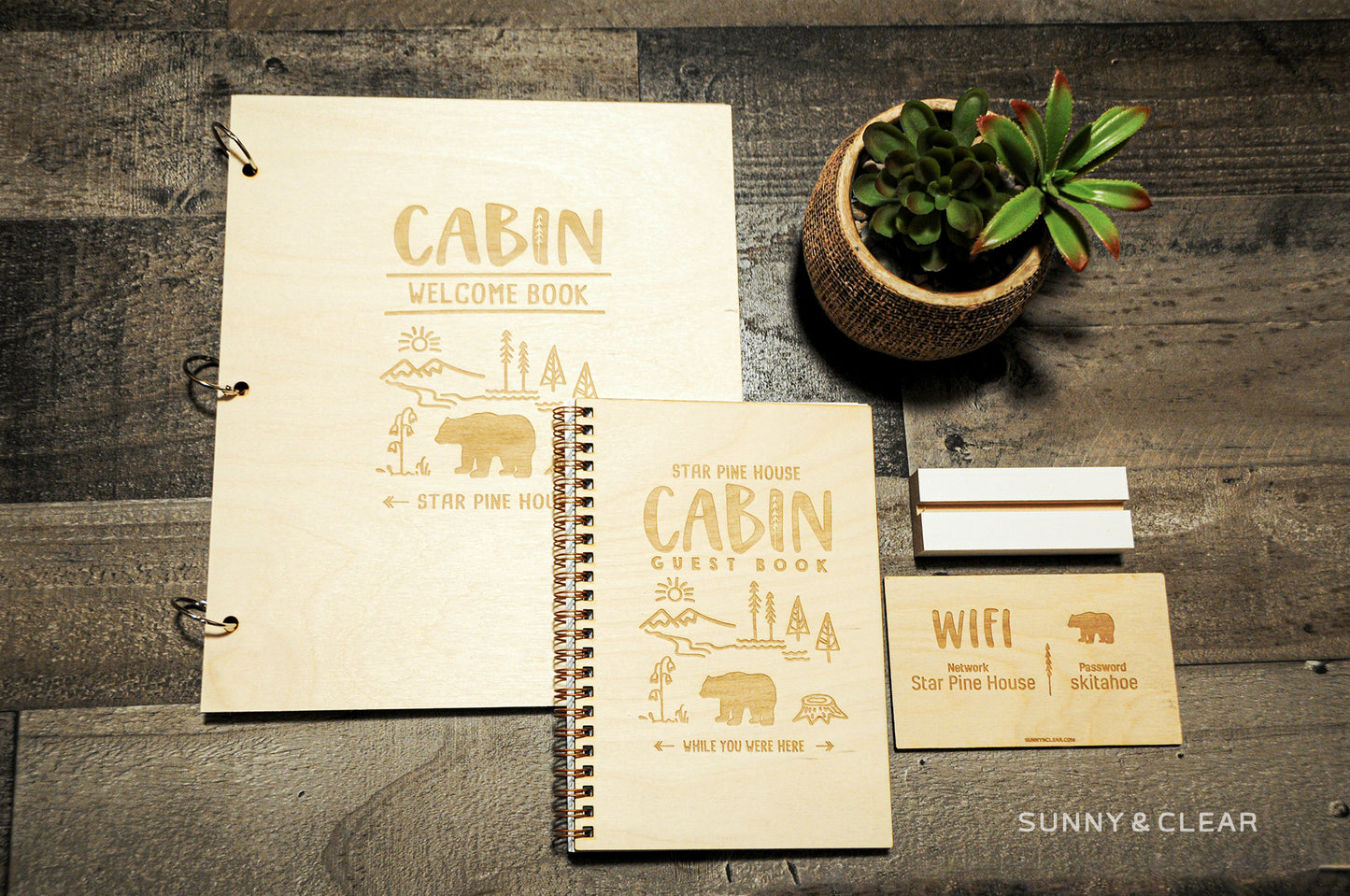 Cabin Bundle Bear - Welcome Book Binder + Guest Book Set + Wifi Sign, VRBO AirBNB