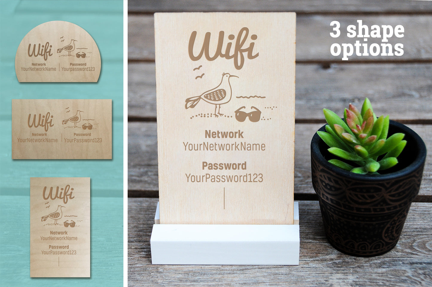 Wood WiFi Password Sign, Beach Seagull