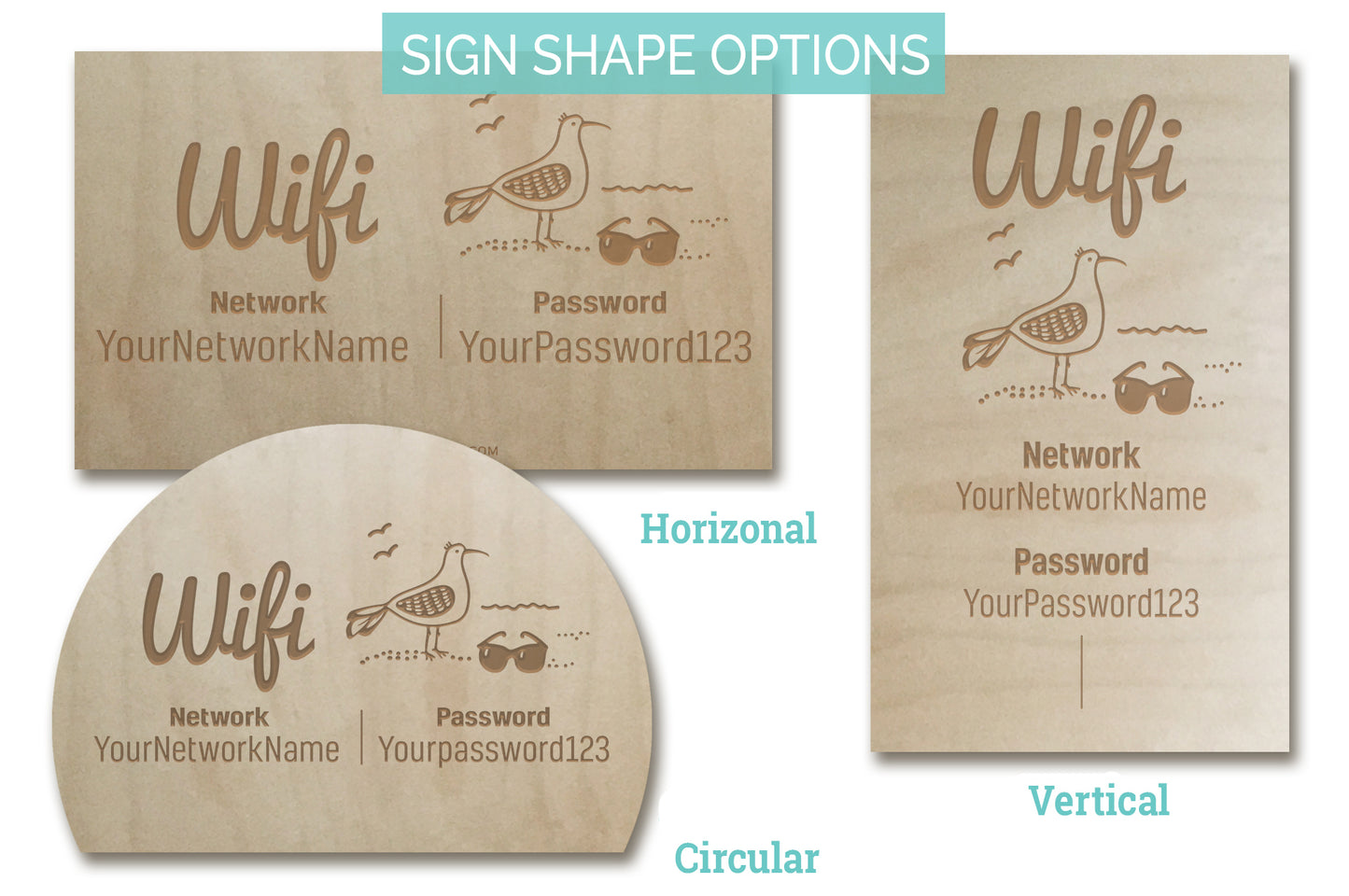 Wood WiFi Password Sign, Beach Seagull
