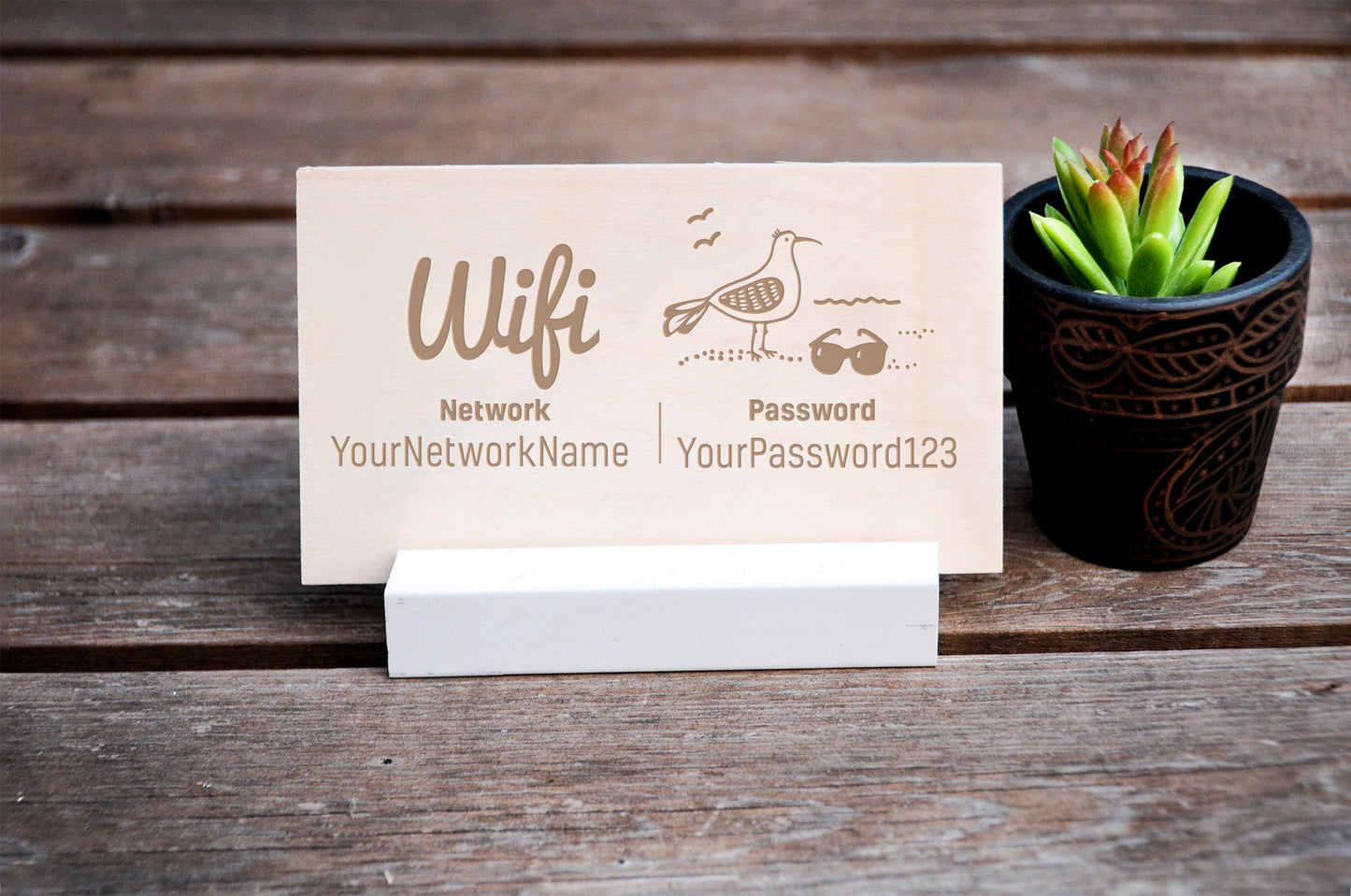 Wood WiFi Password Sign, Beach Seagull