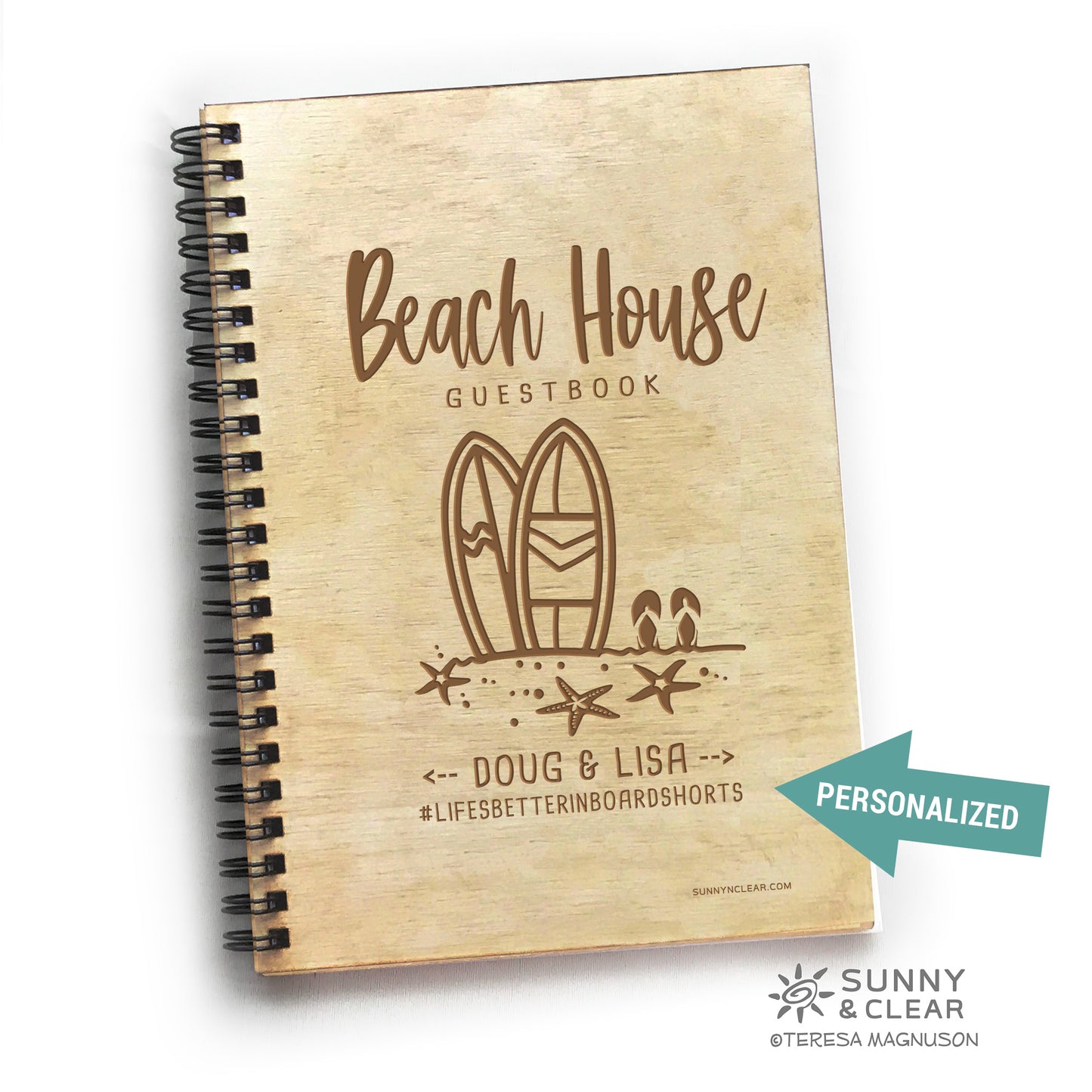 Beach House Guest Book, Surfboard in the Sand, Personalized