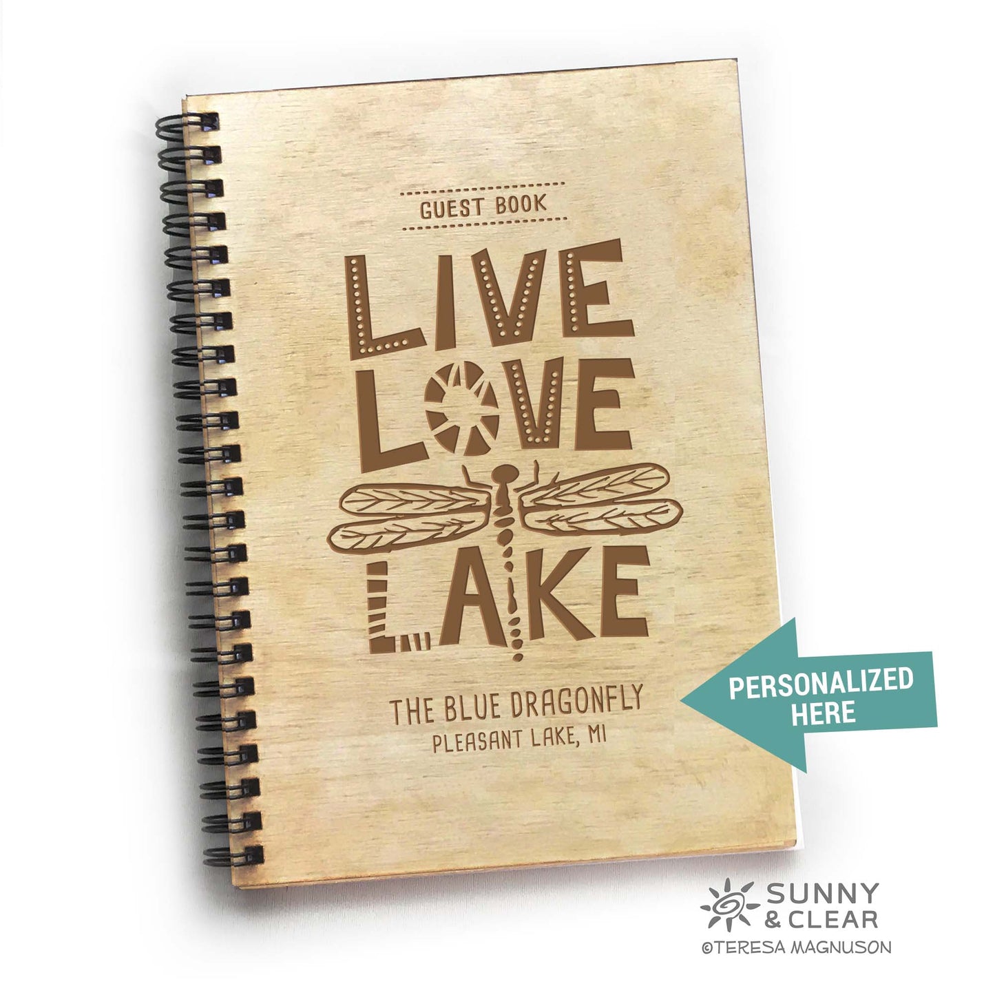 Lake House Guest Book, Live Love Lake, Dragonfly, Personalized