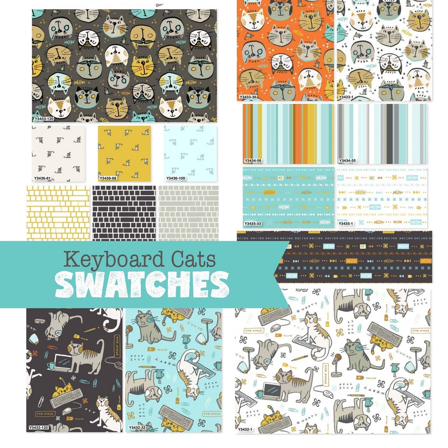 Keyboard Cats, Mischief Dark Pewter, fabric by the half-yard