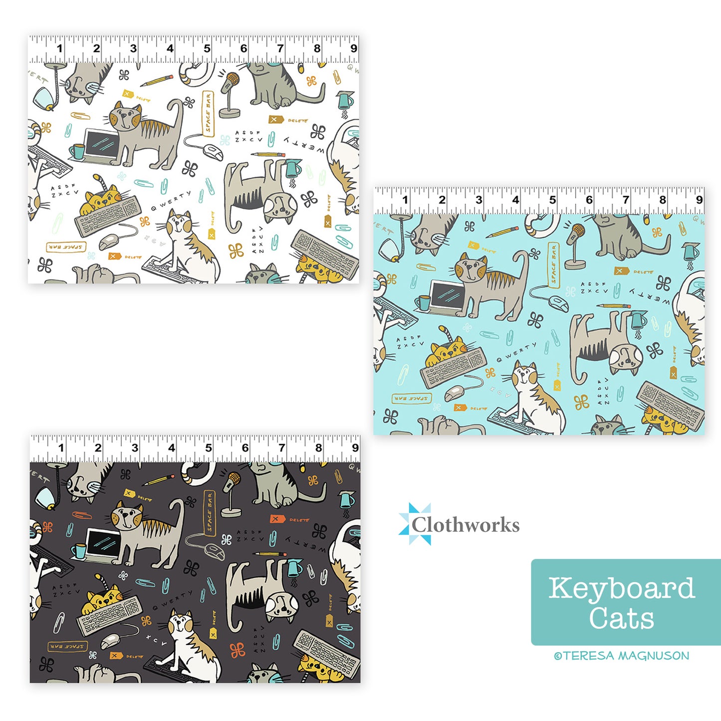 Keyboard Cats, Mischief White, fabric by the half-yard