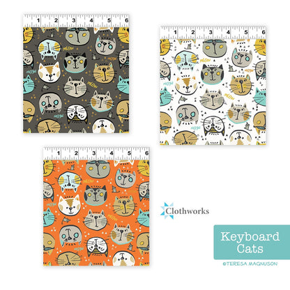 Keyboard Cats, Selfies White, fabric by the half-yard