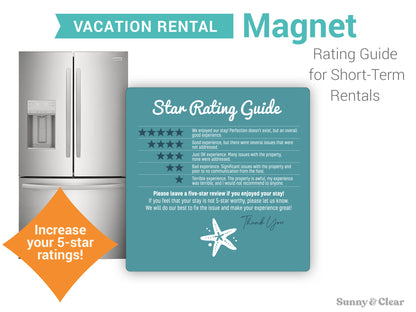 AirBNB Rating Refrigerator Magnet Sign, 5x5" Starfish, Star Rating Review Guide, Short Term Rental