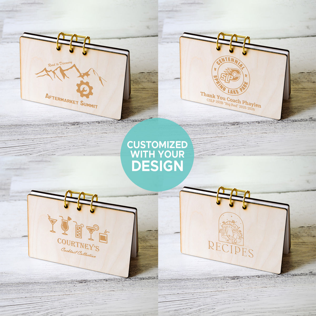 Personalized Wood Recipe Card Binder | 4x6 & 5x7 | Custom Logo