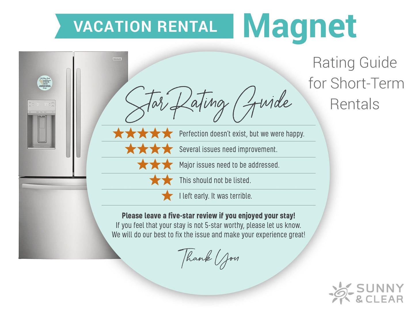 AirBNB Rating Refrigerator Magnet Sign, Aqua 5" Circle Star Rating Review Guide, Short Term Rental