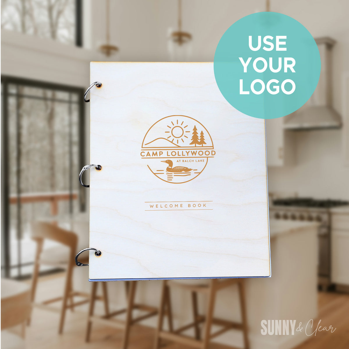 custom logo welcome binder engraved wood cover for Airbnb