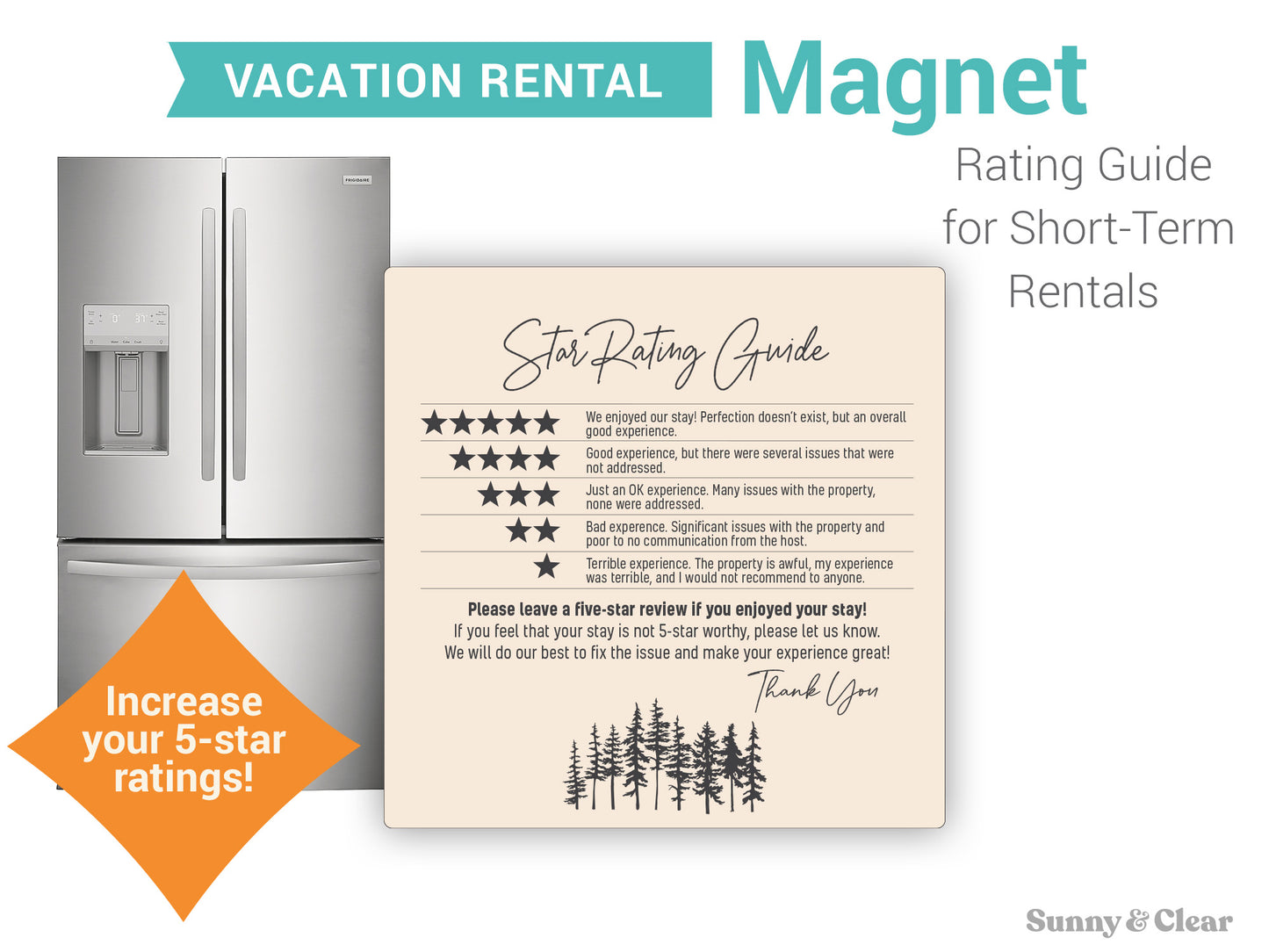 AirBNB Rating Refrigerator Magnet Sign, Tan 5x5 Star Rating Review Guide, Short Term Rental