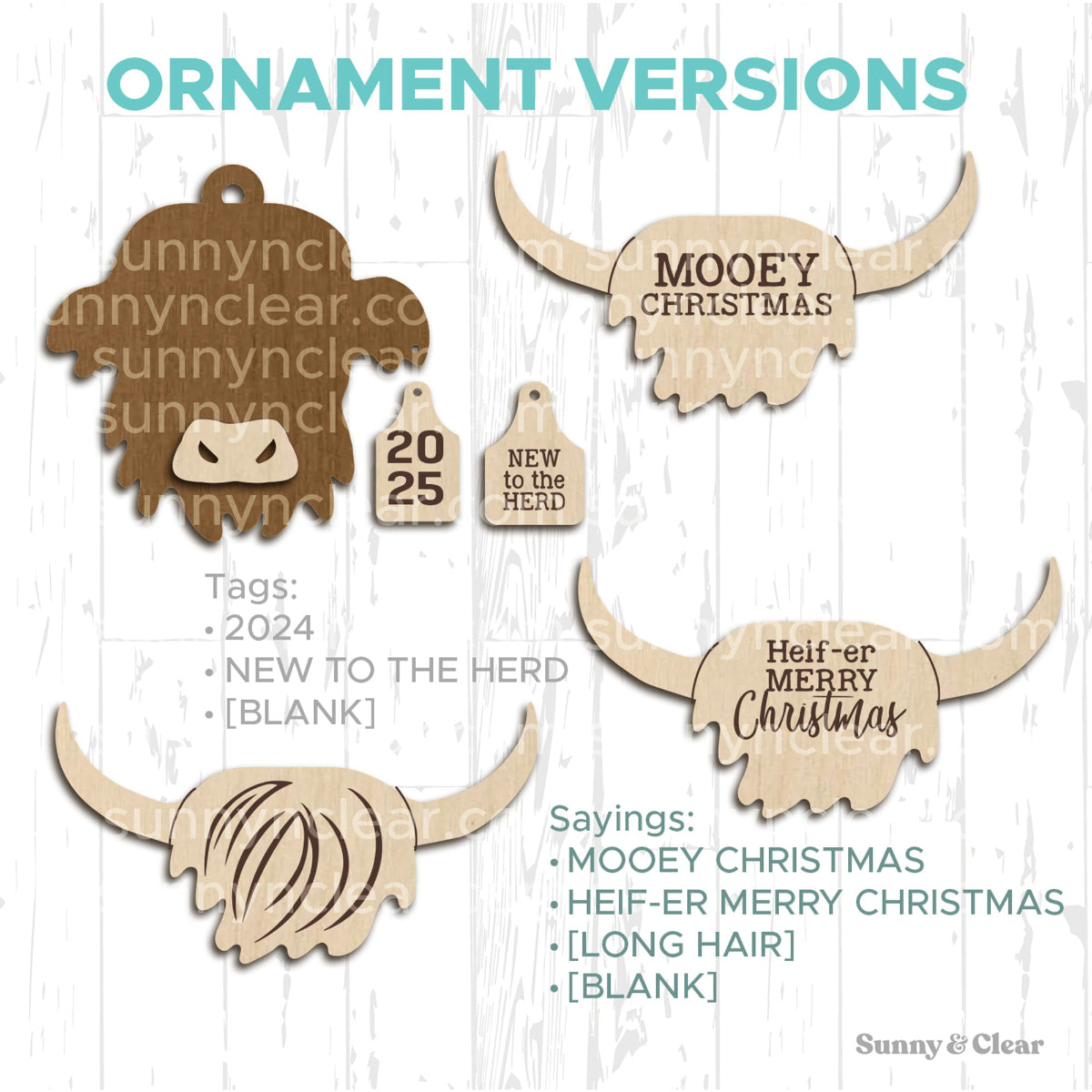 Set of wooden ornaments shaped like highland cows with text on a white background