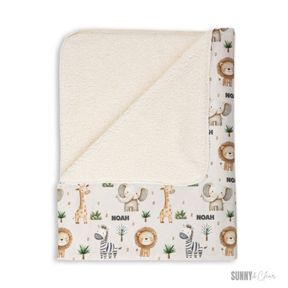 Personalized Safari Animals Baby Blanket: Cozy Fleece Nursery Decor Gift for Boy