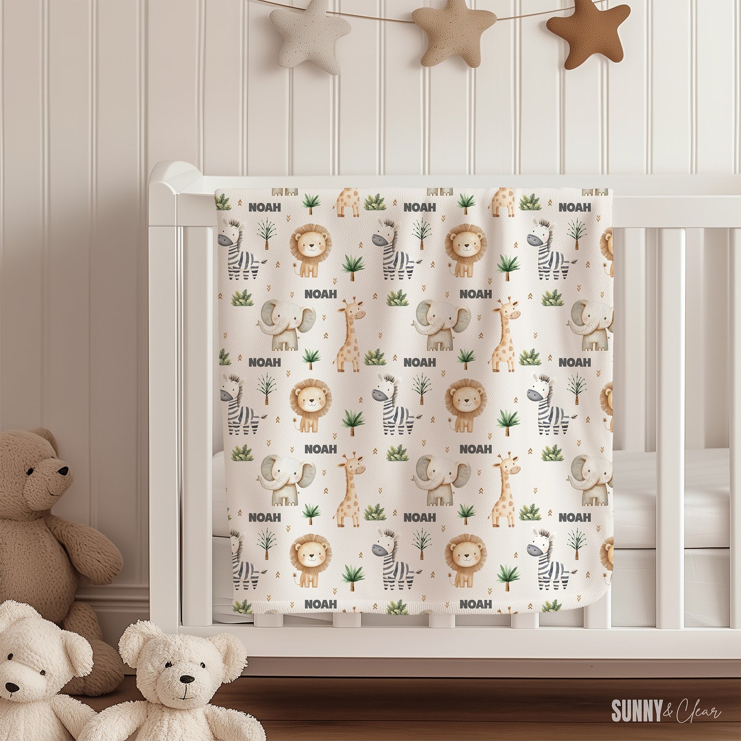 Personalized Safari Animals Baby Blanket: Cozy Fleece Nursery Decor Gift for Boy