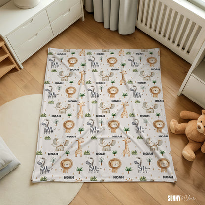 Personalized Safari Animals Baby Blanket: Cozy Fleece Nursery Decor Gift for Boy
