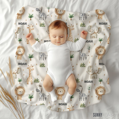 Personalized Safari Animals Baby Blanket: Cozy Fleece Nursery Decor Gift for Boy