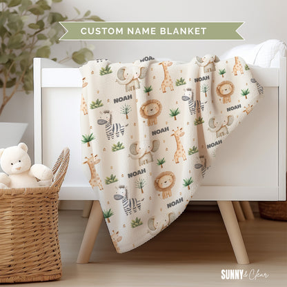 Personalized Safari Animals Baby Blanket: Cozy Fleece Nursery Decor Gift for Boy