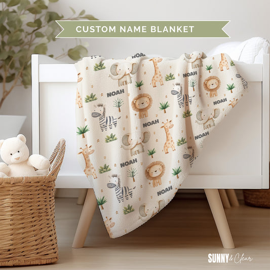 Personalized Safari Animals Baby Blanket: Cozy Fleece Nursery Decor Gift for Boy