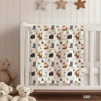 Personalized Woodland Animals Fleece Sherpa Baby Blanket: Custom Nursery Decor Kids Gift for Boy