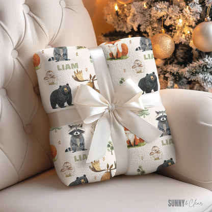 Personalized Woodland Animals Fleece Sherpa Baby Blanket: Custom Nursery Decor Kids Gift for Boy
