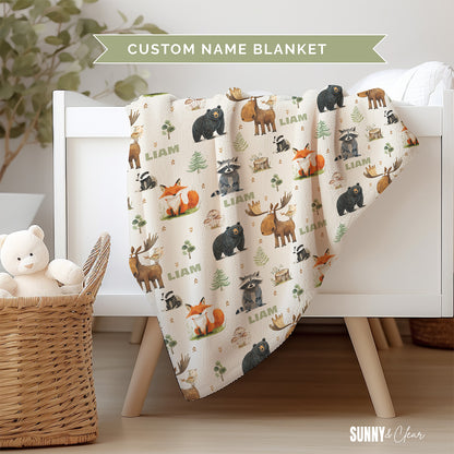 Personalized Woodland Animals Fleece Sherpa Baby Blanket: Custom Nursery Decor Kids Gift for Boy