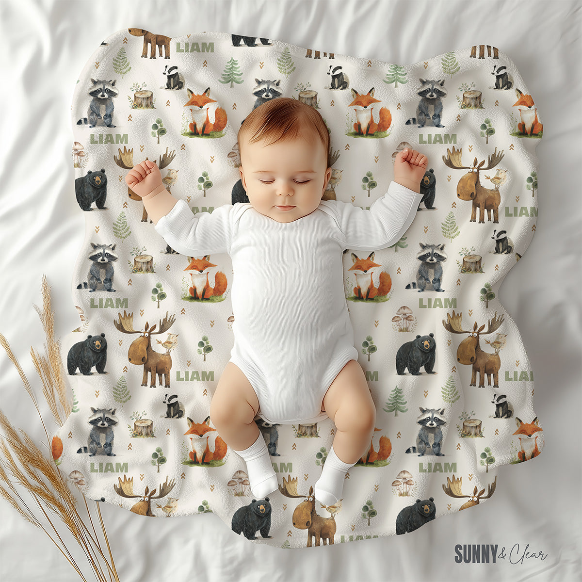 Personalized Woodland Animals Fleece Sherpa Baby Blanket: Custom Nursery Decor Kids Gift for Boy