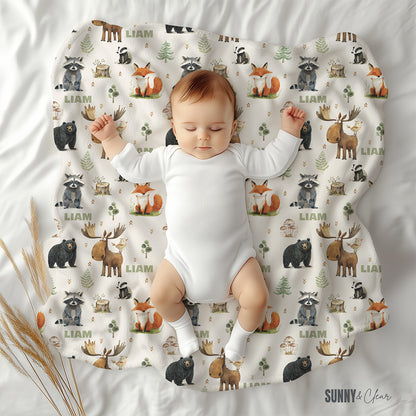 Personalized Woodland Animals Fleece Sherpa Baby Blanket: Custom Nursery Decor Kids Gift for Boy