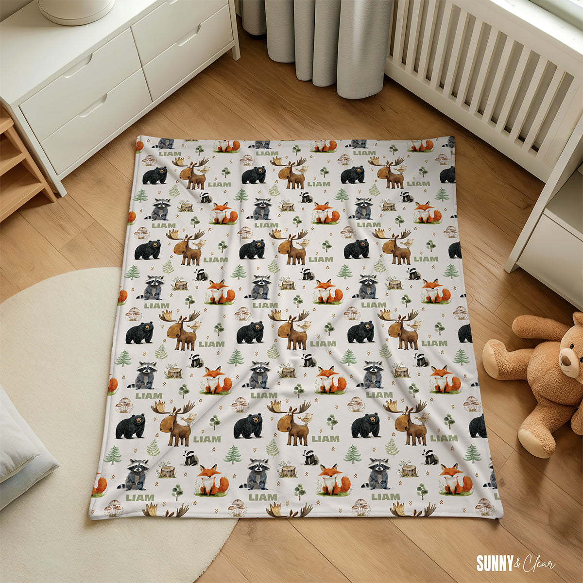 Personalized Woodland Animals Fleece Sherpa Baby Blanket: Custom Nursery Decor Kids Gift for Boy
