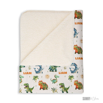 Personalized Dinosaur Name Blanket: Custom Sherpa Fleece Nursery Decor Gift for Boy
