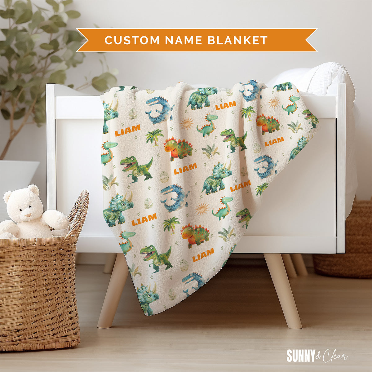 Personalized Dinosaur Name Blanket: Custom Sherpa Fleece Nursery Decor Gift for Boy