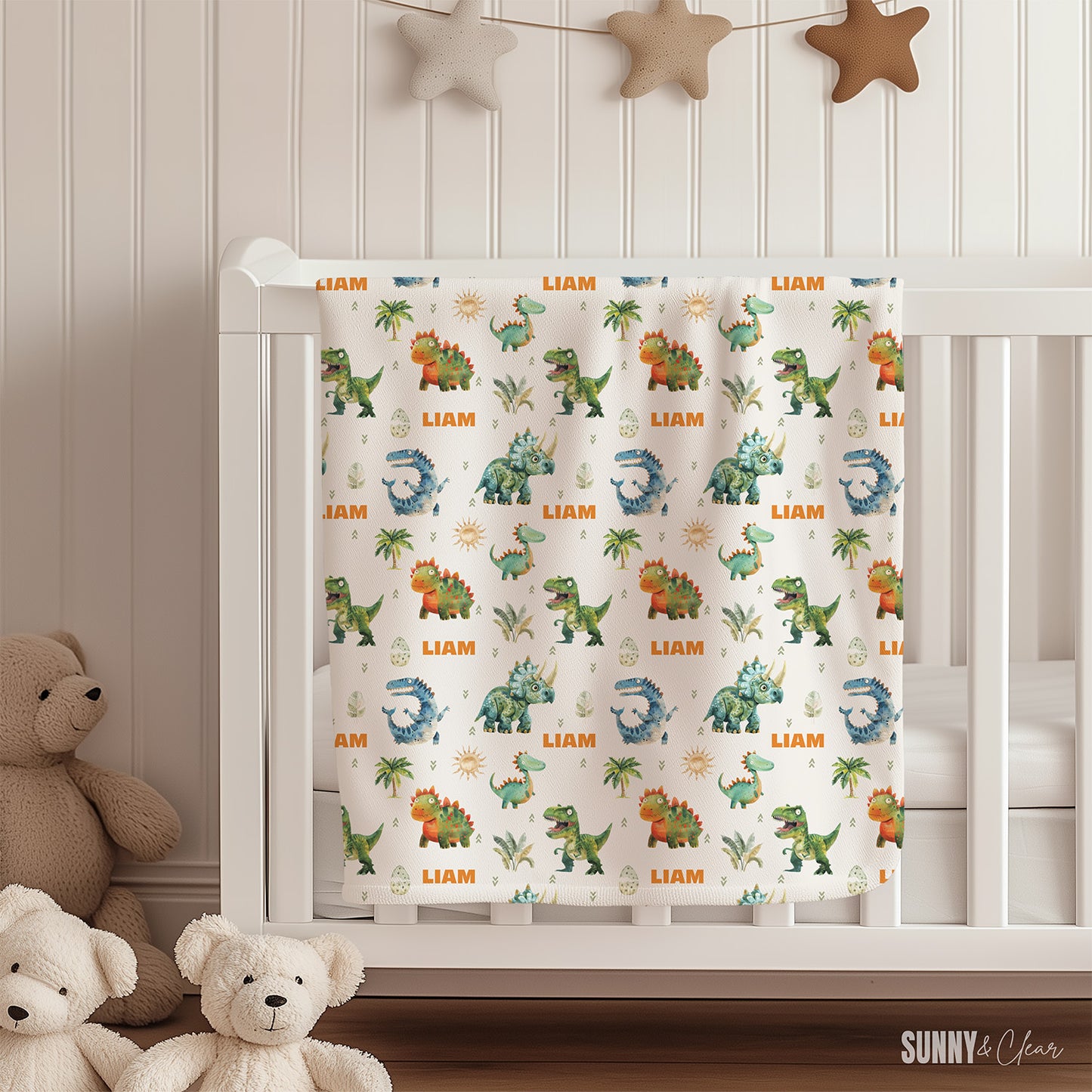 Personalized Dinosaur Name Blanket: Custom Sherpa Fleece Nursery Decor Gift for Boy