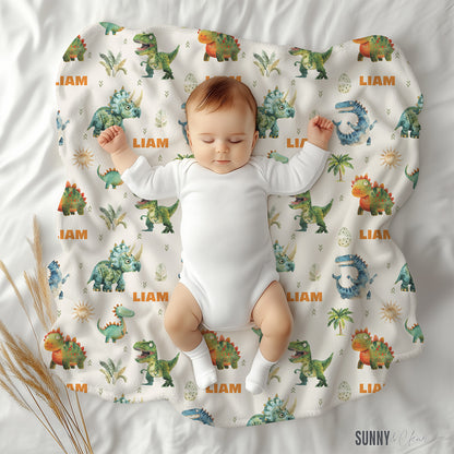 Personalized Dinosaur Name Blanket: Custom Sherpa Fleece Nursery Decor Gift for Boy