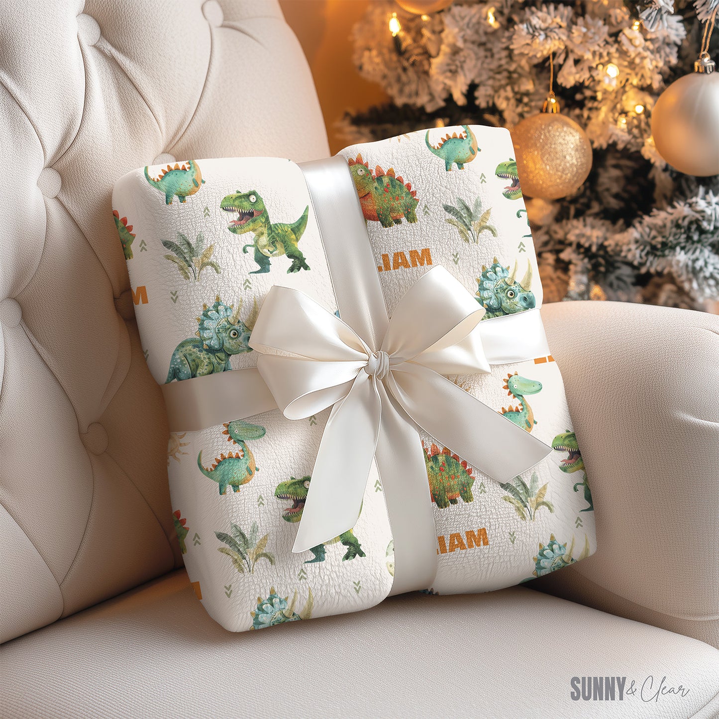 Personalized Dinosaur Name Blanket: Custom Sherpa Fleece Nursery Decor Gift for Boy