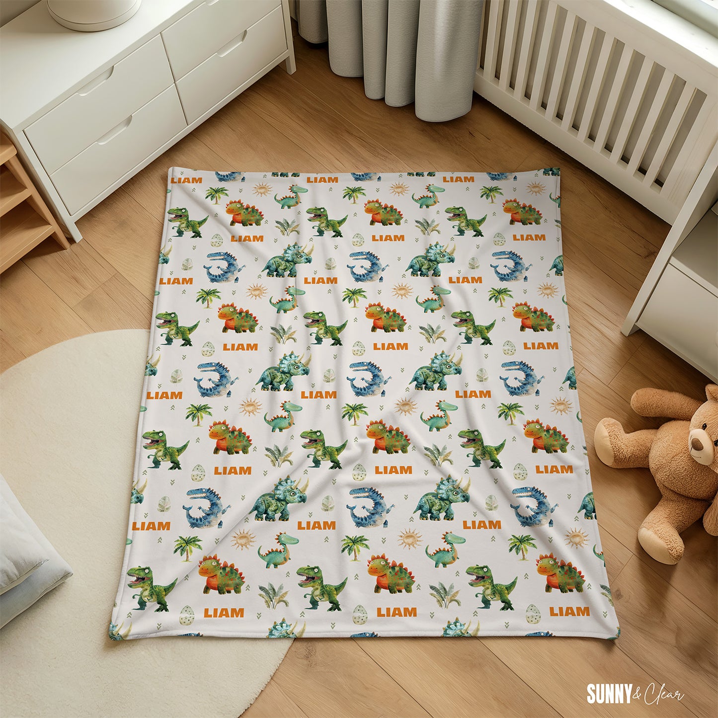 Personalized Dinosaur Name Blanket: Custom Sherpa Fleece Nursery Decor Gift for Boy