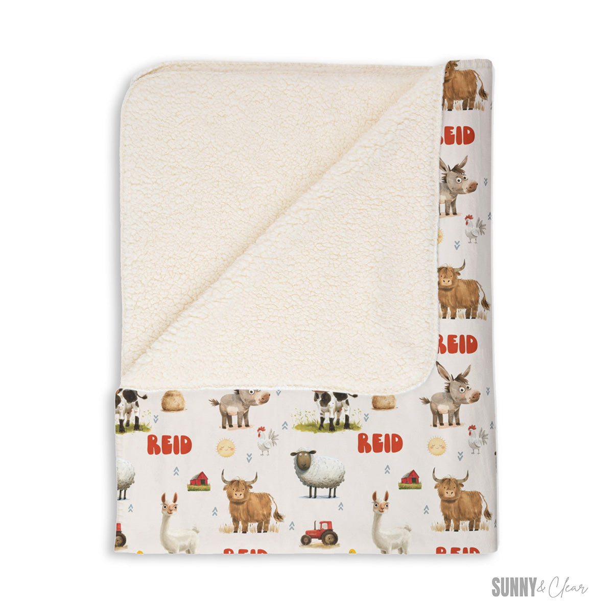 Baby blanket with farm animal pattern on a white background
