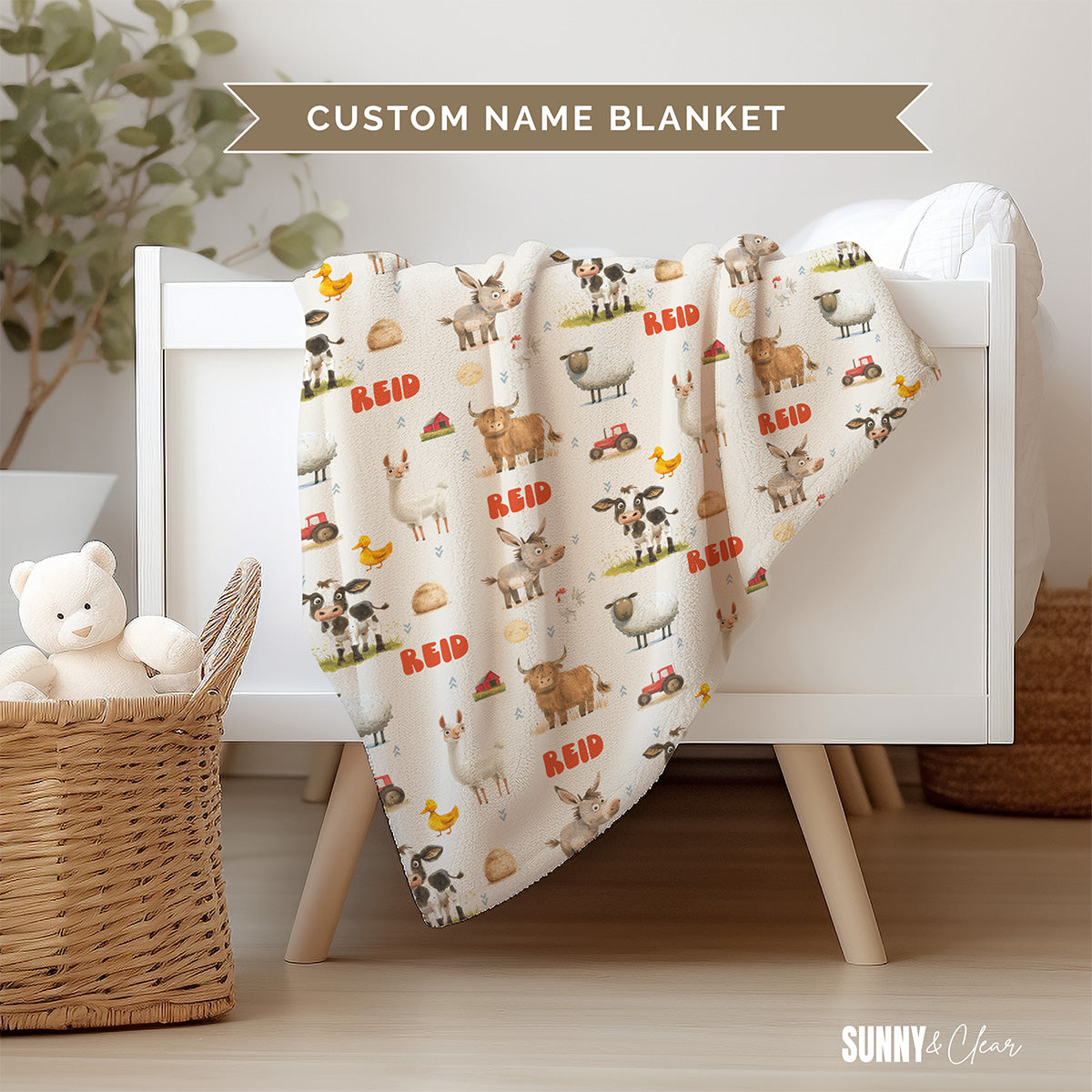 Farm Animals Personalized Fleece Blanket Custom Name Baby Blanket Kids Room Nursery Decor