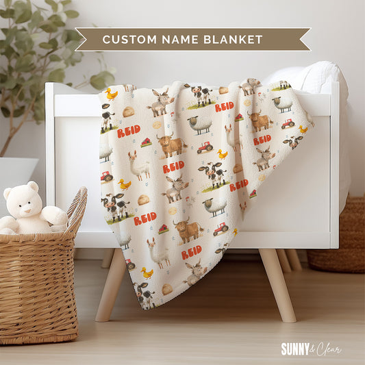 Farm Animals Personalized Fleece Blanket Custom Name Baby Blanket Kids Room Nursery Decor