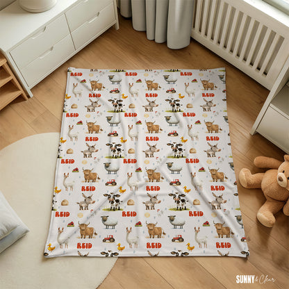 Farm Animals Personalized Fleece Blanket Custom Name Baby Blanket Kids Room Nursery Decor