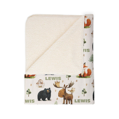 Personalized Woodland Animals Fleece Sherpa Baby Blanket: Custom Nursery Decor Kids Gift for Boy
