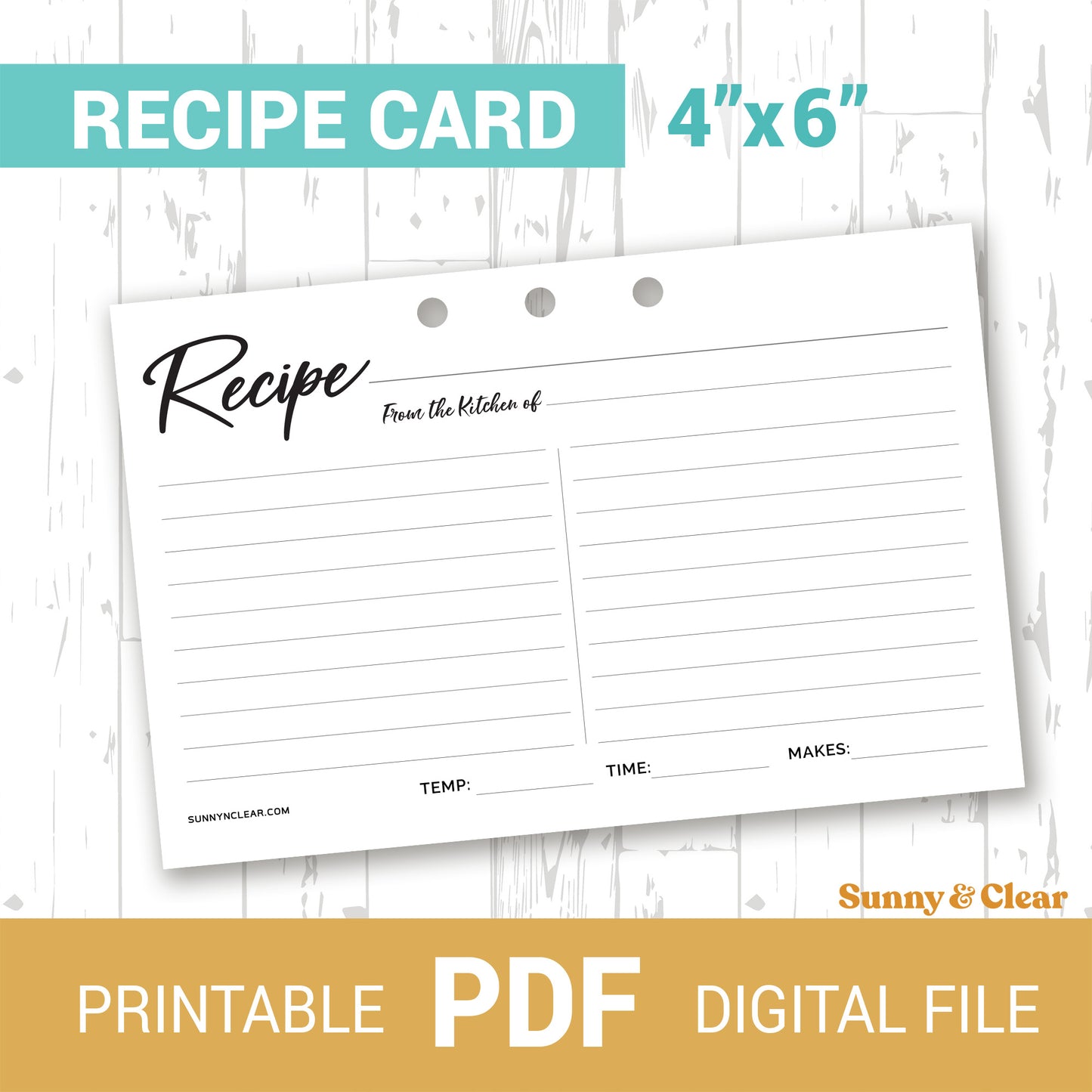 PDF 4x6 Recipe Card Printable, Template, Minimal, Fits our Binders