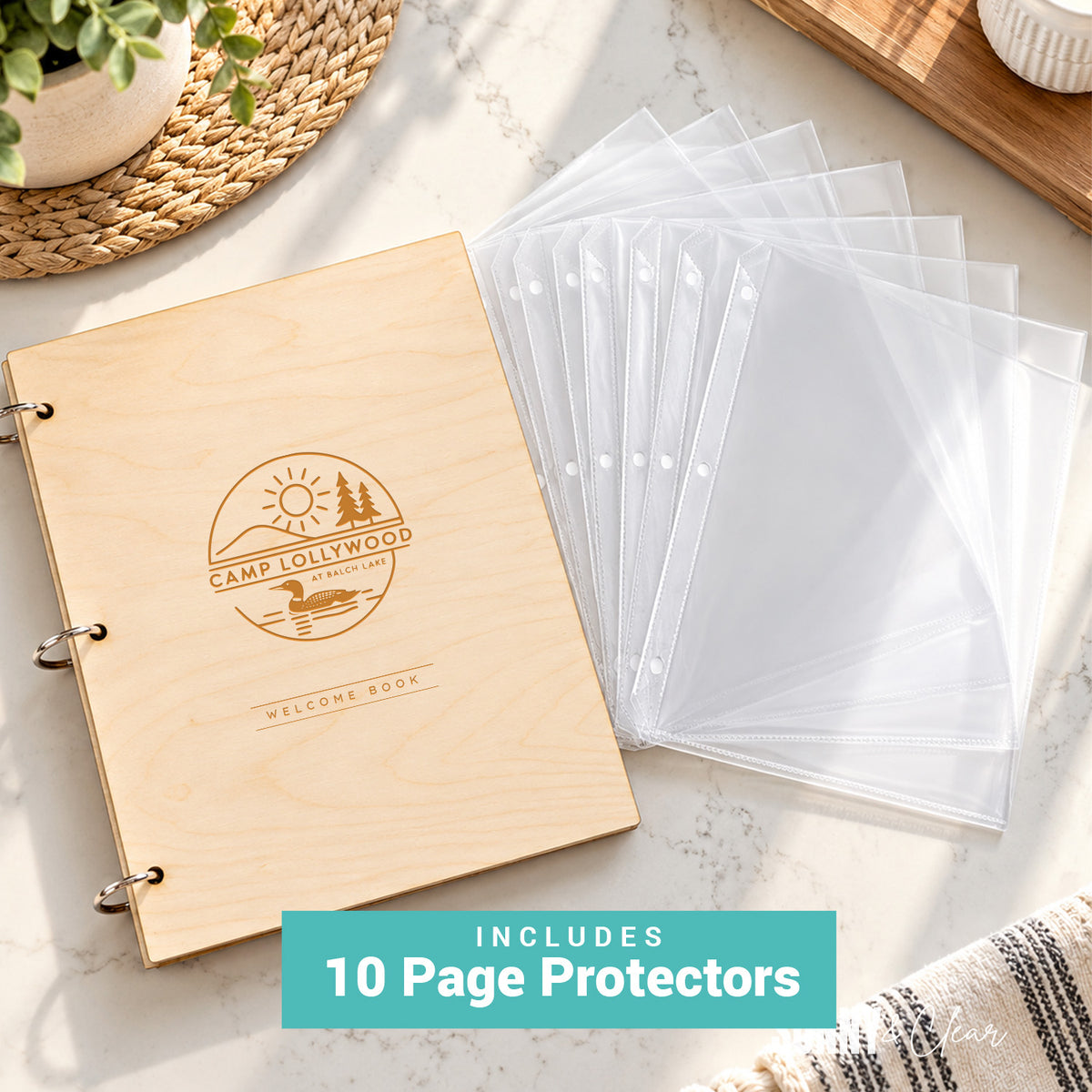 custom logo welcome binder engraved wood cover for Airbnb with page protectors