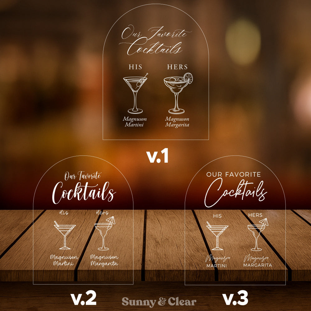 Three versions of a cocktail menu design on a wooden surface with a blurred bar background.