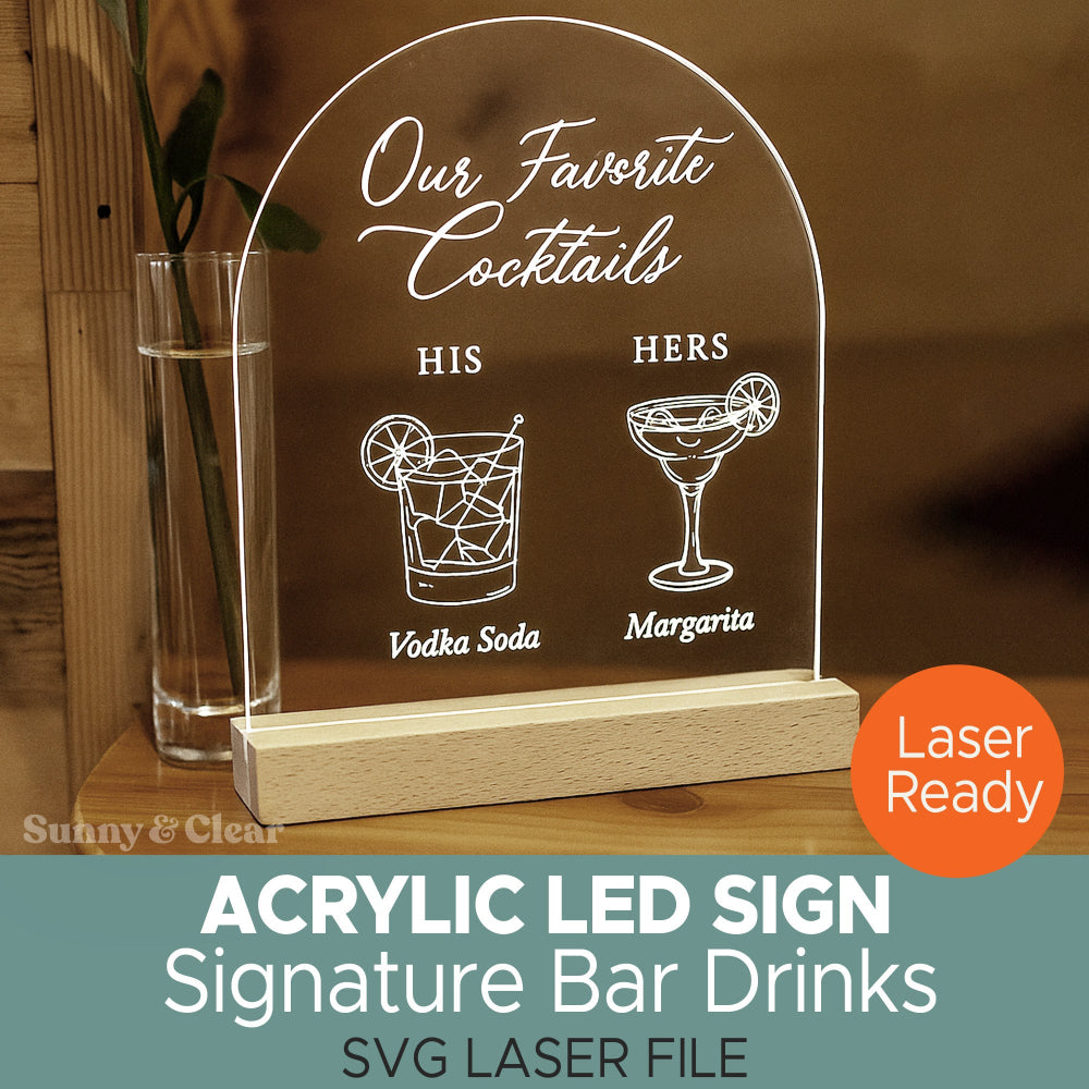 Acrylic LED sign with cocktail illustrations and text on a wooden stand.